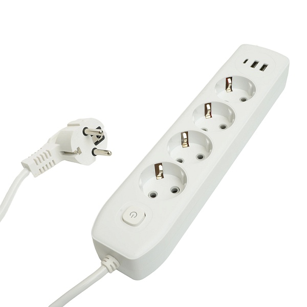 Удлинитель 4-местный c/з 3x1 мм2, 3 м, 250В, 10А, 2USB+1Type-C 2,4А, серия Home plus, белый STEKKER 