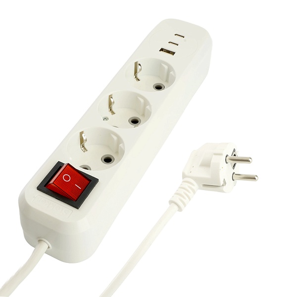 Удлинитель 3-местный с/з с выключ. STEKKER HM071-31-02 3x1мм2, 2м, 250В, 16А, 1USB+2C, 2.4A, сер Hom