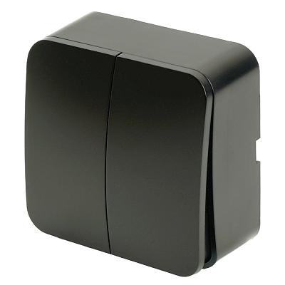 Выключатель открытой установки 2-клавишный, STEKKER, 250В, 10А, IP20, серия София, черный матовый, M