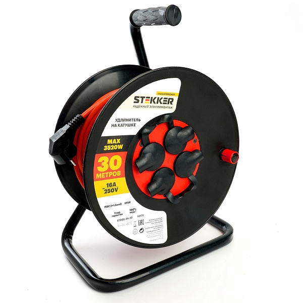 Удлинитель на катушке Stekker STD03-44-30 Standart 4-местный с/з ПВС 3*1,5, оранжевый, 16А, IP44, 30