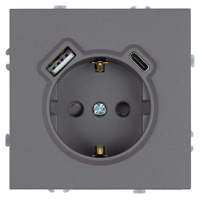 Розетка 1-местная з/ш с/з 16А + USB + Type C (механизм), Stekker, 250В, 20W, серия Эмили, платиново-