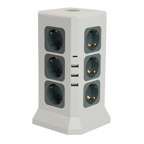 Удлинитель 12-местн с/з, 3x1мм2, 1.5 м,250В,16А, 3520Вт 3USB A + 1C 5V 3,4A, белый, серый серия Comf