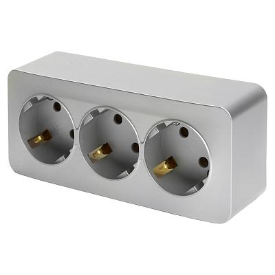 Розетка 3-местная с/з открытой установки, STEKKER, 250В, 16А, IP20, серия София, серебро, MST16-13-0