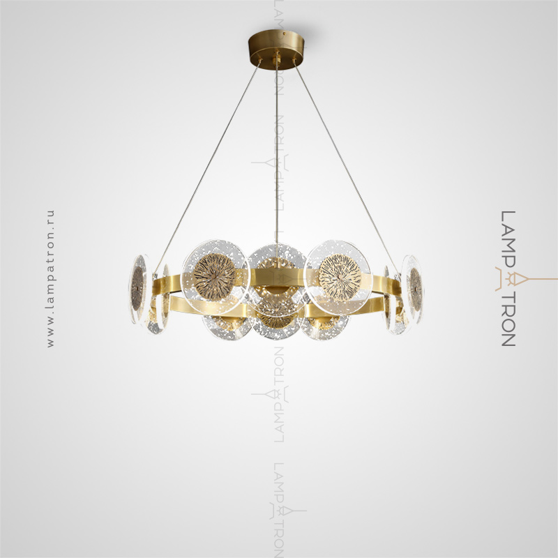 Серия кольцевых люстр с круглыми плоскими рассеивателями с декоративным элементом из металла в центре Lampatron LETICIA