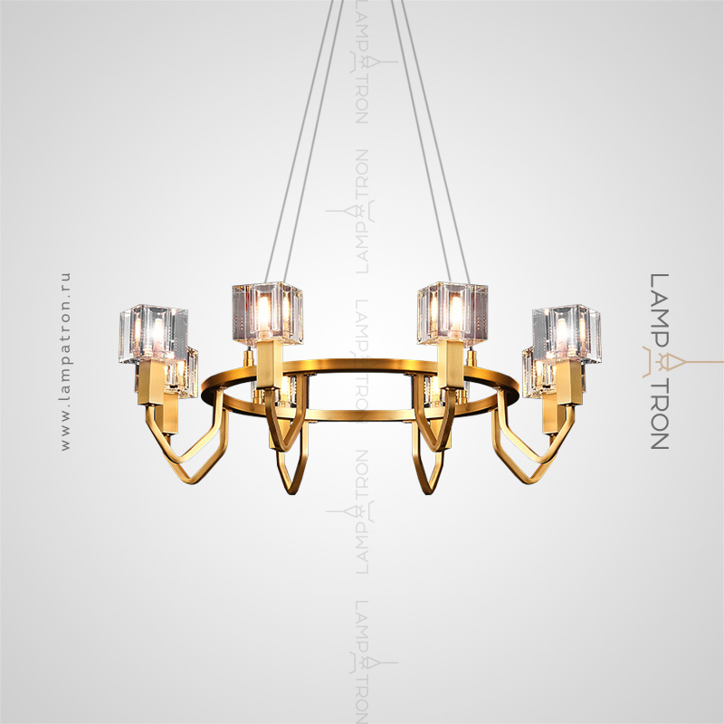 Серия светодиодных люстр на кольцевом каркасе с плафонами кубической формы из натурального хрусталя Lampatron DORA CH