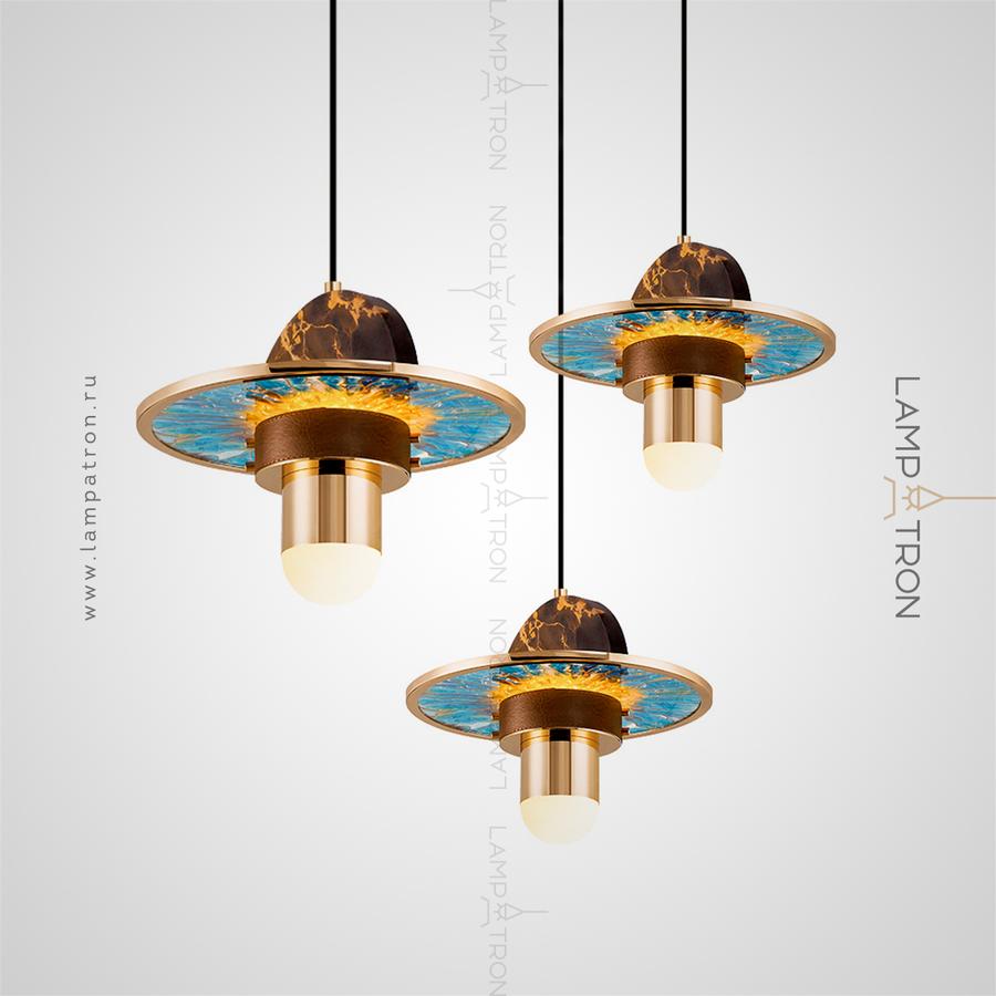 Серия светильников с рисунком по технике морозного узора на стеклянном диске, мраморной полусферой и кожаным декором Lampatron AGNES