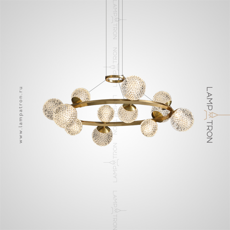 Серия кольцевых светодиодных люстр на струнном подвесе с шарообразными рельефными плафонами из хрусталя Lampatron BASTINE