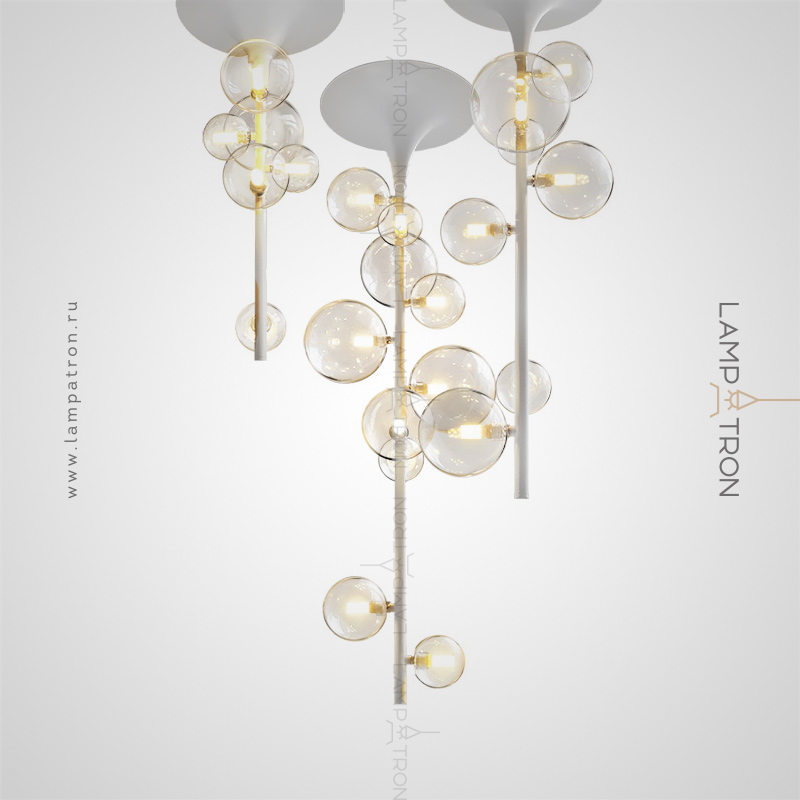 Серия потолочных светильников с прозрачными шарообразными плафонами разного размера на вертикальной стойке IONA LINE