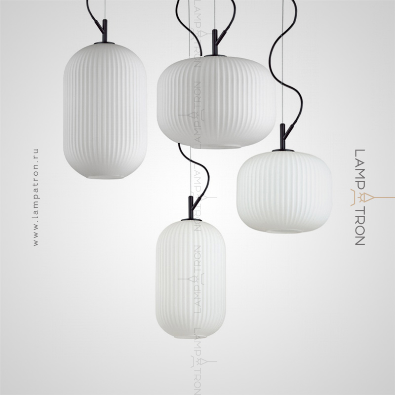 Серия подвесных светильник с цилиндрическим ребристым плафоном из белого матового стекла разной формы Lampatron URS ONE