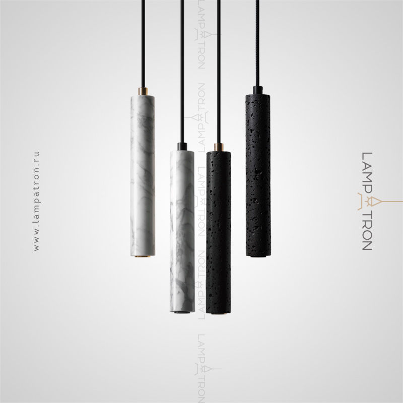 Серия подвесных светильников с вытянутыми цилиндрическими плафонами из белого мрамора и черного камня Lampatron ROGERD LENG