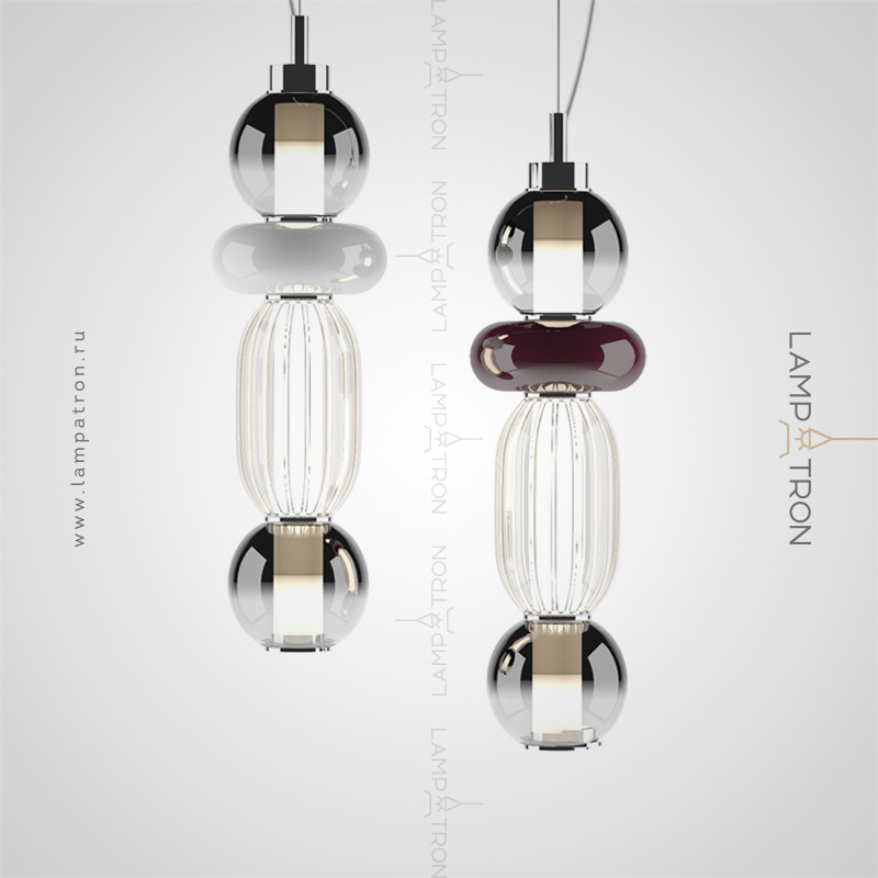 Серия подвесных светильников из вертикально расположенных стеклянных плафонов разного цвета и фактуры Lampatron HAMEL