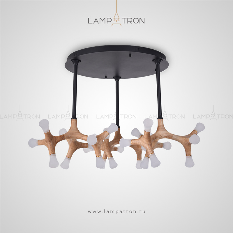 Серия дизайнерских люстр на потолочных стойках с каркасом из древесины молекулярной формы и светодиодными источниками Lampatron SANTANA CH
