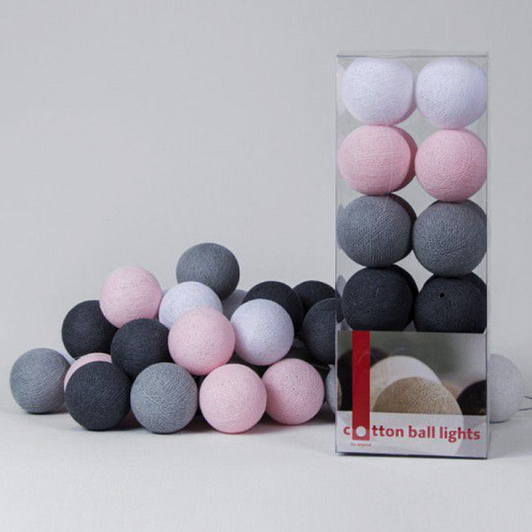 Гирлянда хлопковые фонарики Сotton Ball Pink-Grey | 10 шариков