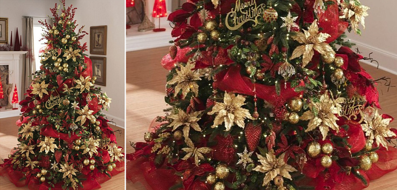 Дизайнерская Елка с Красным и Золотым новогодним декором Christmas Tree Golden Flowers Loft Concept 79.002-4
