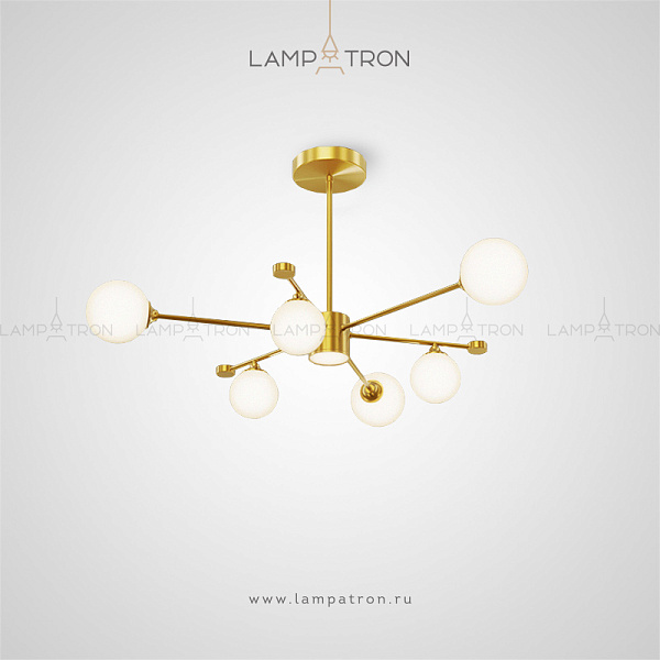 Серия дизайнерских люстр на лучевом каркасе с шарообразными матовыми плафонами и центральным плафоном в форме цилиндра Lampatron LEAGUE