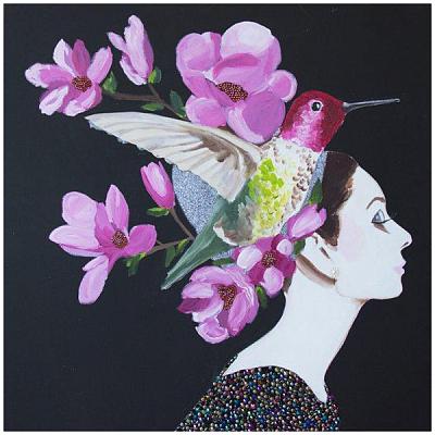 Картина Audrey with Hummingbird and Flowers Headdress on Black Background Loft Concept 80.326-1