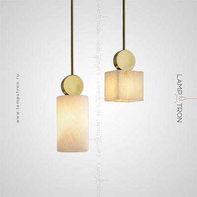 Серия подвесных светодиодных светильников с цилиндрическим и прямоугольным плафоном из мрамора и декором в виде медного диска Lampatron BRIXEN ONE