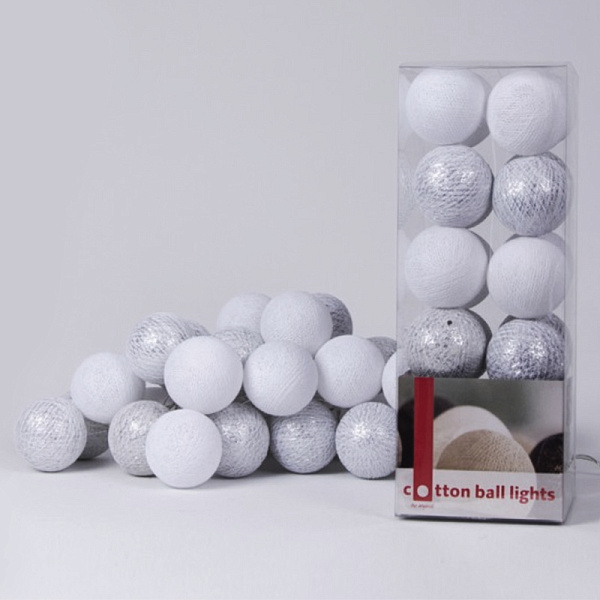 Гирлянда хлопковые фонарики Сotton Ball White-Silver | 50 шариков