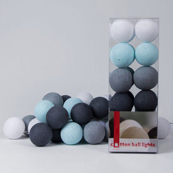 Гирлянда хлопковые фонарики Сotton Ball Aqua-Grey | 50 шариков