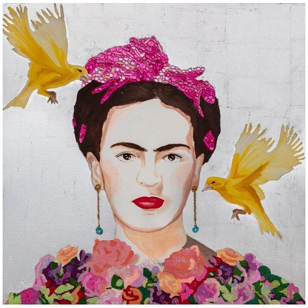 Картина Frida with Yellow Flying Parakeets, Flower Bouquet Dress and Silver Leaf Background Loft Concept 80.397-1