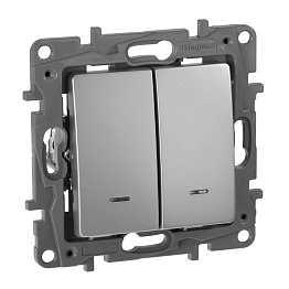 Переключатель двухклавишный Legrand Etika с подсветкой 10A 250V алюминий 672416
