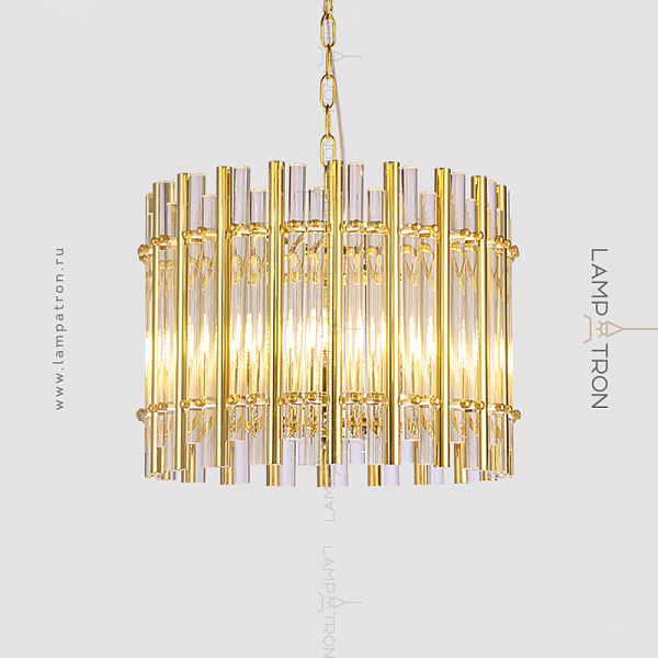 Серия подвесных люстр цилиндрической формы из чередующихся золотых и прозрачных стержней BALTA
