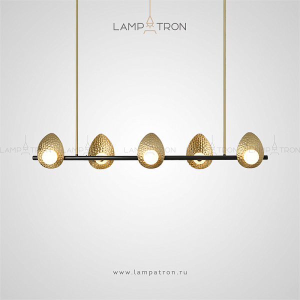 Рядный светильник с шарообразными матовыми плафонами и листовидными рельефными абажурами из металла Lampatron SIRIANN LONG