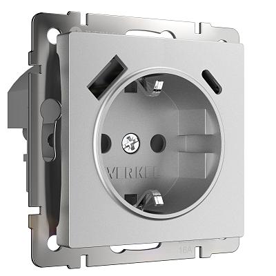 Розетка с заземлением, шторками и USB тип A+C (серебряный матовый) Werkel W1171765