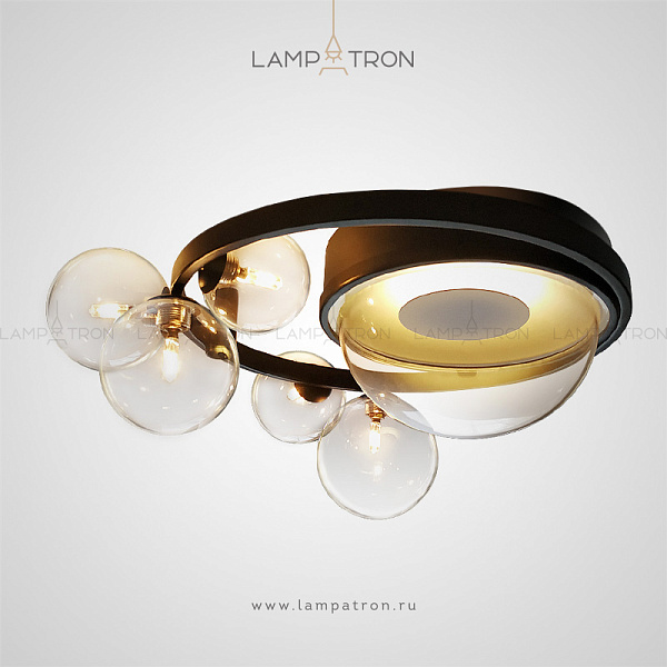 Потолочная люстра с LED-источником под прозрачной полусферой и шарообразными плафонами разного размера на кольцевом каркасе IONA CORE