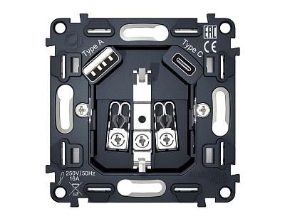 Механизм электрической розетки 2USB A+C 20W быстрая зарядка с заземлением на винтовых зажимах 16A 25