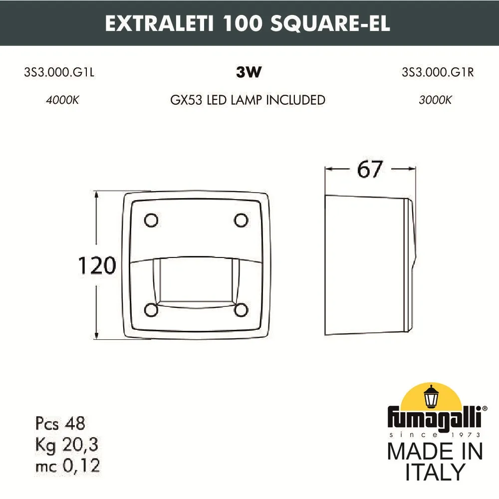 Светильник уличный настенный FUMAGALLI EXTRALETI 100 Square-EL 3S3.000.000.WYG1L